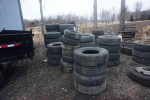 Large Lot of Truck and Trailer Tires In Various Sizes and Conditions