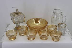 lot 18 image: Colored Glassware & Gold Trim