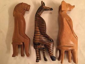 lot 109 image: Hand Craved Elephant, Zebra and Lion Sitting on Chairs