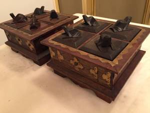 lot 116 image: Two Wooden Storage PiecesTrinket Boxes w Brass Accents & FrogTurtle Lids