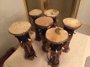 lot 190 image: Lot of Six Cipacing Drums w Tooth Accents Made in Indonesia