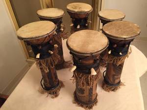 lot 192 image: Lot of Six Cipacing Drums w Tooth Accents Made in Indonesia
