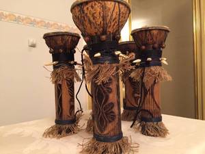 lot 194 image: Lot of Six Cipacing Drums w Tooth Accents Made in Indonesia