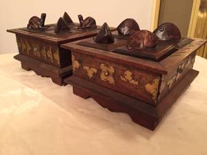 lot 213 image: Two Wooden Storage PiecesTrinket Boxes w Brass Accents & Fish and Frog Lids