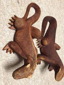 lot 230 image: Pair of Ornate Hand Carved Lizards (Made In Indonesia)