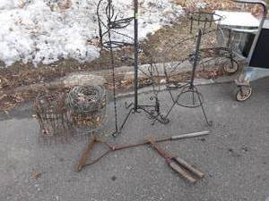 2-Spiral Plant Stands, 2-Sections Of Fencing, Hedge Trimmer (Manual) & Scythe