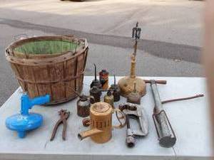 Vintage Gas Lamp, Oil Cans, Pipe Cutter, Tire Pump, Leather Punch, Drain Snake & 2-Bushel Baskets