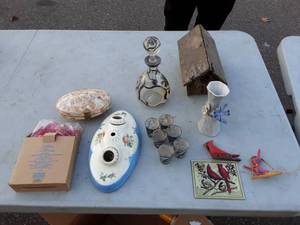 Decanter Set, Vintage Ceiling Light Fixture & Misc.