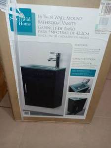 Sheffield 16.5 in. W x 10 in. D Floating Vanity in Black with Tempered Frosted Glass Vanity Top in Seafoam by Sheffield Home- not open