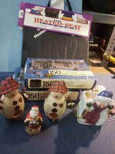 Snowman Birdhouses, Swag Lights, Headed Seat, Santa Trinket Box, Candles