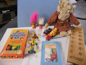 Games & Toys - Juggling Kit, Antique spinning toy, Trucks, Trolls, Book, Country Doll, Mancala Board