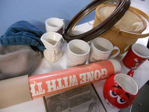 Collectibles including M&M, Antique hats, Movie Poster, Antique Oval Frame, Coffee Cups, Basket