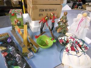 2 sets of skiing ornaments, Candle Tree, serving spoon and dish, wreath hooks, misc dcor, angel tree topper