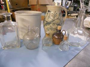 Salt Glaze Pitcher with bird design, crock, unique glass bottles