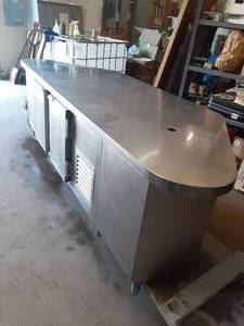 Huge Stainless Steel Island with Refrigeration Cooler. Great for a BarBQ area or Man Cave or Shop.  36 high, 40 deep, 116 long on one side and 68 along the other side. Heatcraft Refrigeration Product Model RAMK17AG. Rated for restaurant use.