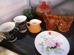 Vintage Carnival glass sugar and creamer, Candy Dish, Japan tea cups, handpainted plate, etc