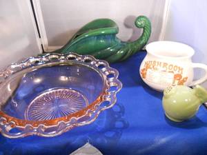 Pink Depression Glass Bowl, Haeger BlueGreen Glaze Cornacopia Planter, Soup Cup
