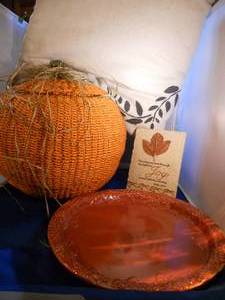 Great Rattan Pumpkin with storage, pillow, plaque, and serving tray
