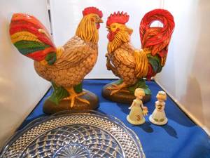 Folk Art Large Rooster and Chicken, Birthday girls, and Clear Cut-Glass Platter