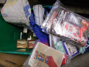 Tote of crafting supplies, empty wine bottles, neeadlework kits, crib quilt base, more