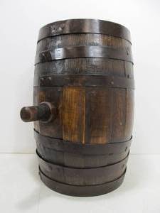 lot 35 image: Vintage Primitive Iron Strap Wooden Barrel Keg