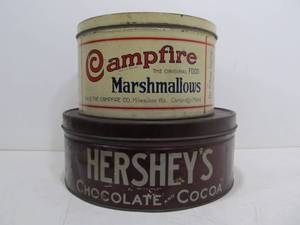 lot 39 image: 2 Large Old Vintage Round Advertising Tins - Hersheys & Campfire Marshmallows
