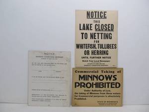 lot 51 image: 3 Old Orig Vintage MN Fishing Notice Signs