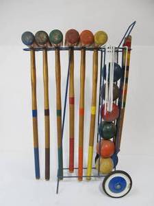 lot 95 image: Complete Vintage 1960s Era Croquet Set wStand