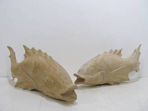 lot 136 image: 2 Large Hand Carved Wood Fish Sculptures
