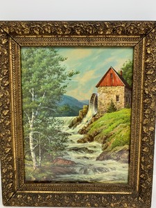 lot 295 image: Antique Framed Lithograph Stream & Mill Scene