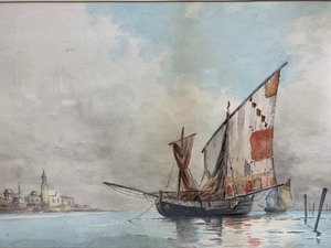 lot 296 image: Old Vintage Framed Original Watercolor Nautical Ship Scene Painting