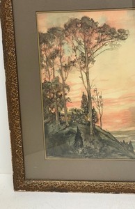 lot 294 image: Orig Antique 1914 Framed Signed Watercolor Hilltop Landscape Painting