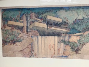 lot 292 image: Vintage Framed FRANK LLOYD WRIGHT Print - Fallingwater Edgar K. Kaufmann House