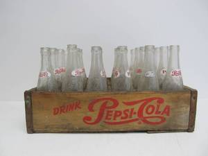 lot 158 image: Vintage Wooden PEPSI Soda Bottle Crate wBottles