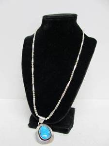 lot 169 image: Signed Southwestern Sterling Large Turquoise & Silver Pendant Necklace