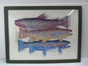 lot 275 image: Large Rustic Wood Framed Signed Rainbow Trout Print