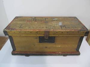 lot 281 image: Antique Wooden Tool Chest  Footlocker wBoy Scout Markings