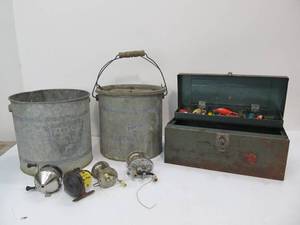 lot 284 image: Lot of Vintage Fishing Items - Tackle Box Minnow Buckets etc