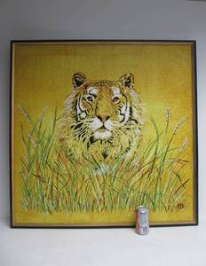 lot 293 image: LARGE Vintage Mid Century Framed Signed Oil on Canvas Tiger Painting