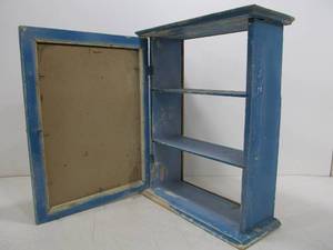 lot 230 image: Old Vintage Blue Painted Farmhouse Bathroom Medicine Cabinet wMirror