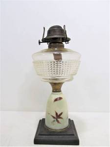 lot 186 image: Early Antique Oil Lamp wThick Solid Hand Painted Glass