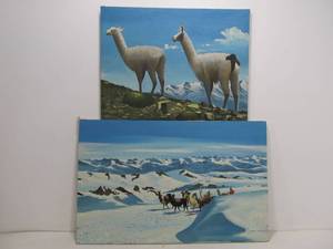 lot 188 image: 2 Vintage Signed Bolivian Oil on Canvas Paintings Featuring Alpacas