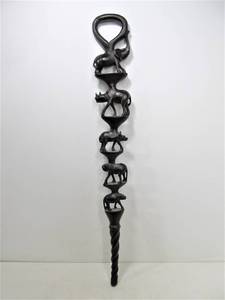 lot 298 image: Vintage Hand Carved African Hardwood Walking Stick wAnimals