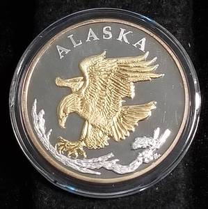 1 TROY OZ. .999 FINE SILVER GOLD ACCENTED ALASKA STATE SEAL ROUND IN ORIGINAL BOX