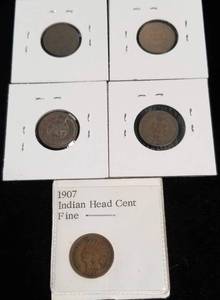 5 INDIAN HEAD CENTS 1902 1903 1904 1905 1907