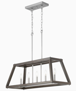 lot 54 image: New Progress Lighting Forrester 5-Light Teak Wood and Satin Nickel Transitional Chandelier - Missing Mount