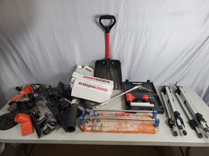 lot 130 image: Sprinklers, Tile Cutter, Finish Nailer, Shop Supplies