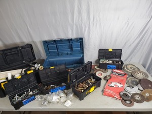 lot 166 image: Toolboxes with Hardware, Plumbing, Grinding Discs, and More