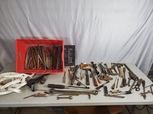 lot 170 image: Large Lot of Heavy Stakes, Old Tools, and More.
