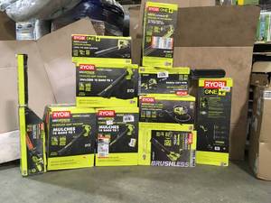 Pallet with Ryobi OutdoorLawn Care tools various types and conditions see pictures